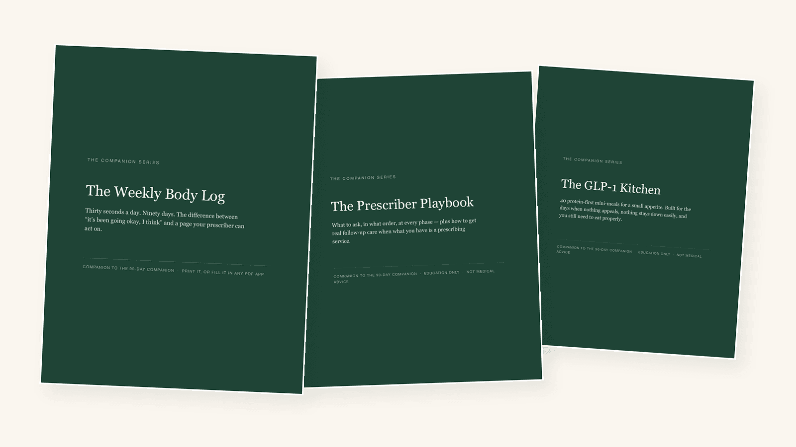 The Weekly Body Log, the Prescriber Playbook, and The GLP-1 Kitchen